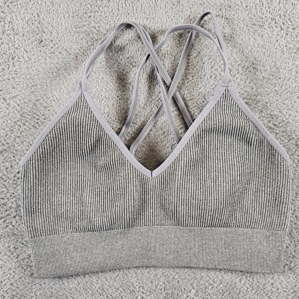 Aerie Real Good Gray Ribbed Strappy Cross Back Seamless V-Neck Bralette Large